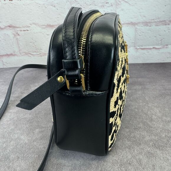 Saint Laurent YSL Raffia Calfskin Leopard Print Monogram Lou Camera Bag Natural - Picture 6 of 16